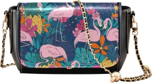 Flamingos Tropical Leaves Flowers Crossbody Bags for Women Black Leather Shoulder Bags Phone Satchel with Chain Strap
