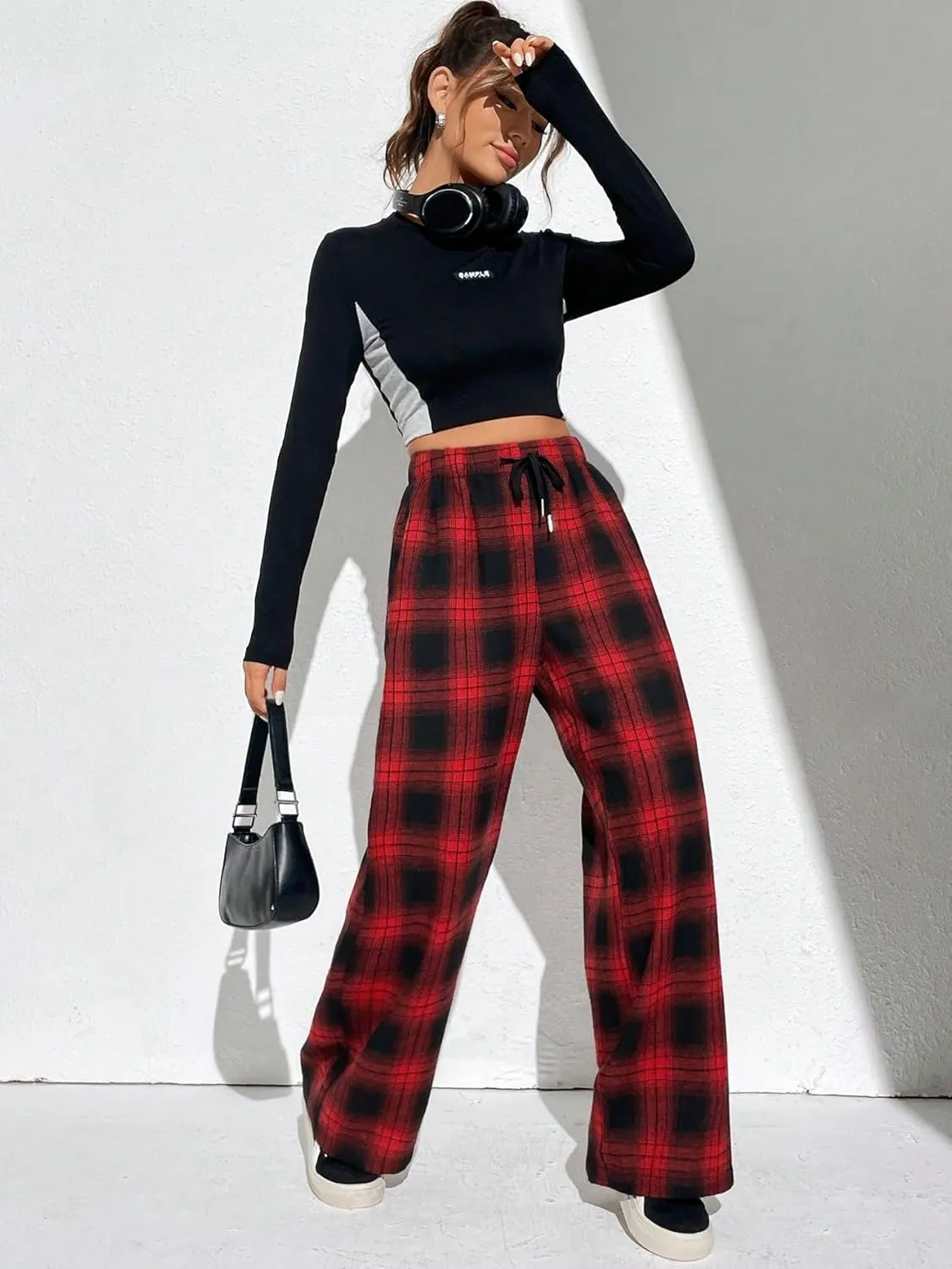 Floerns Women's Plaid Print Elastic Waist Sleepwear Pajama Bottom Pants