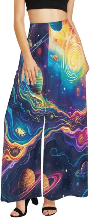 Forchrinse Pink Plum Blossom Womens Wide Leg Pants High Waist Long Palazzo Pants Floral Flared Lounge Pants Plus Size