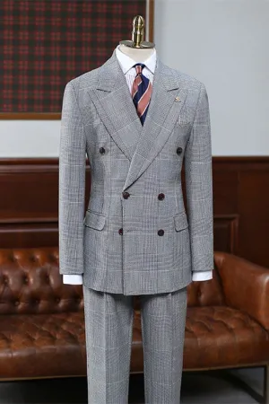 Formal Gray Double Breasted Plaid Men Business Suits Wedding Suits