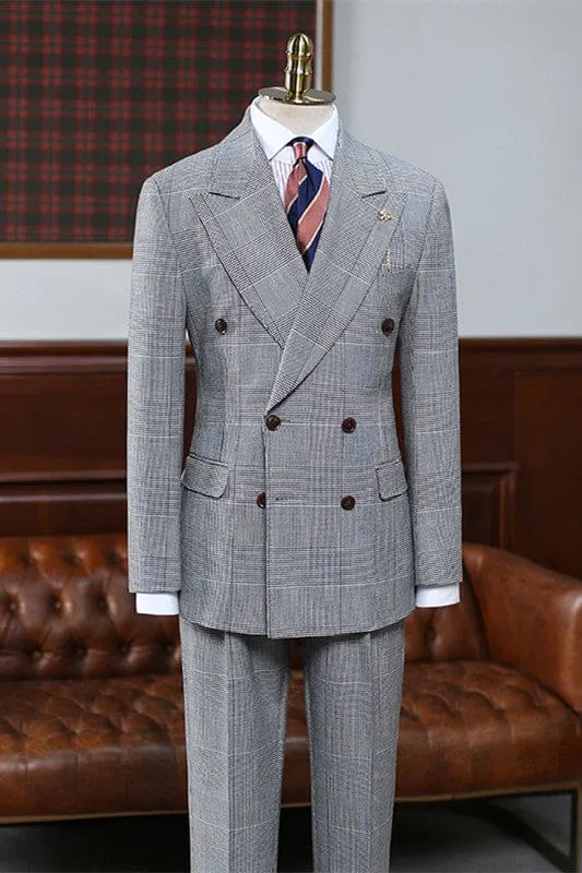 Formal Gray Double Breasted Plaid Men Business Suits Wedding Suits
