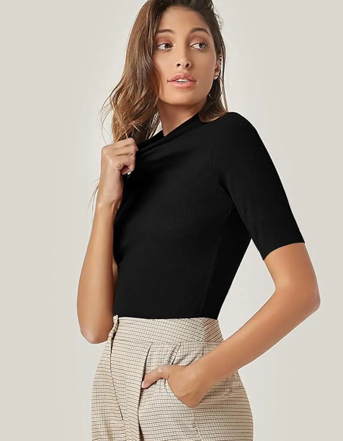 FOUGEDE Women's Mock Turtleneck Long Sleeve/Sleeveless/Half Sleeve/Short Sleeve/Crop Top Basic Fitted Stretch Slim Tops