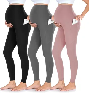 FULLSOFT 3 Pack Womens Maternity Leggings Over The Belly-High Waisted Workout Pregnancy Yoga Pants Pockets