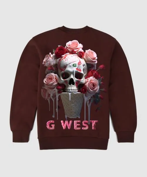 G West Ice Cream Skull Fleece Crewneck With Invisible Zippers - Gwpcrwl5006 - 3 Colors