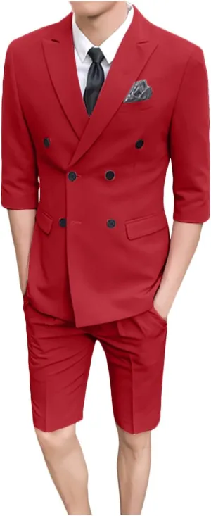 GATMSTZ Men Double Breasted 3/4 Sleeves Blazer Short Pants Formal Summer Suits