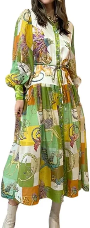 Geleglaer Long Sleeve Printed Dress for Women Slim Flowy Dress with Lantern Sleeves V Neck Women's Fall Winter Long Skirt