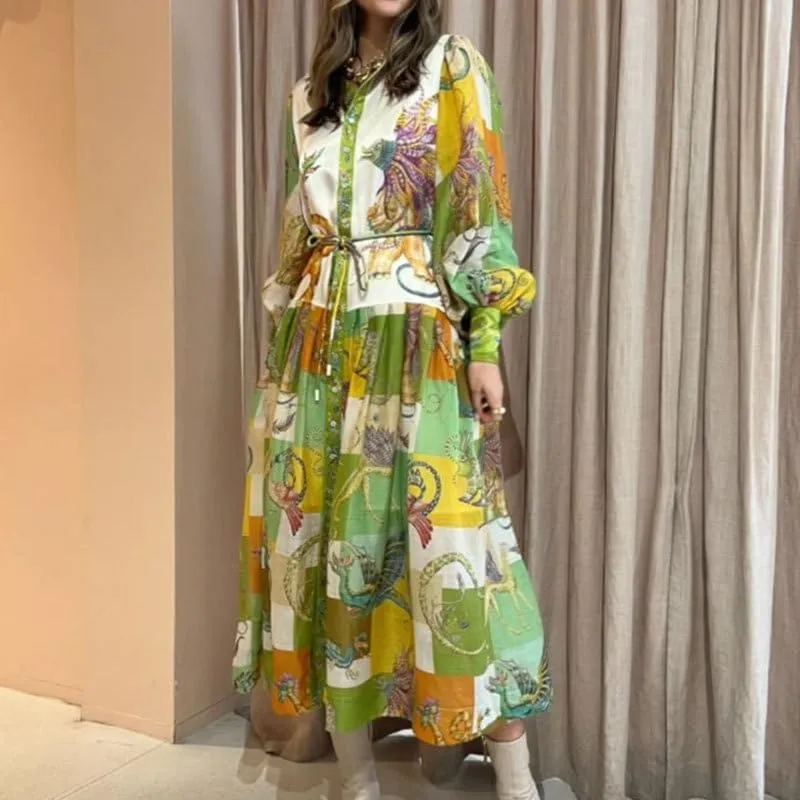 Geleglaer Long Sleeve Printed Dress for Women Slim Flowy Dress with Lantern Sleeves V Neck Women's Fall Winter Long Skirt