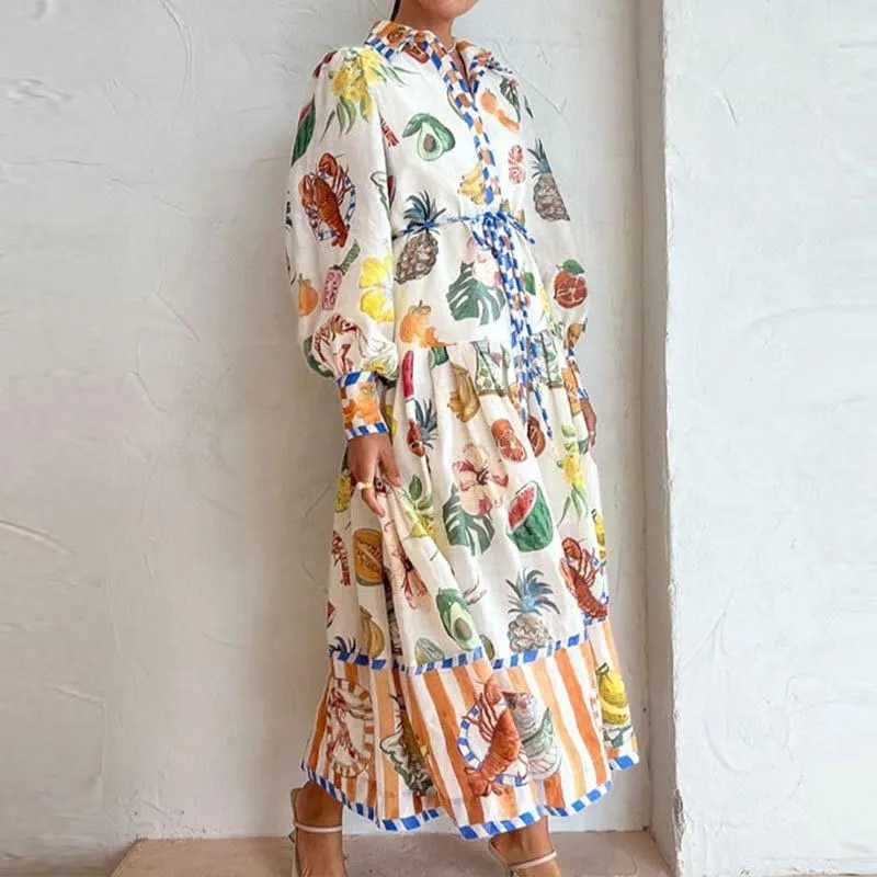 Geleglaer Long Sleeve Printed Dress for Women Slim Flowy Dress with Lantern Sleeves V Neck Women's Fall Winter Long Skirt