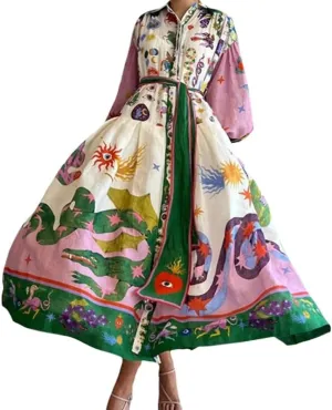 Geleglaer Long Sleeve Printed Dress for Women Slim Flowy Dress with Lantern Sleeves V Neck Women's Fall Winter Long Skirt