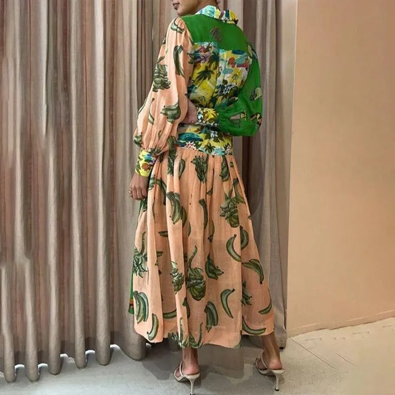 Geleglaer Long Sleeve Printed Dress for Women Slim Flowy Dress with Lantern Sleeves V Neck Women's Fall Winter Long Skirt