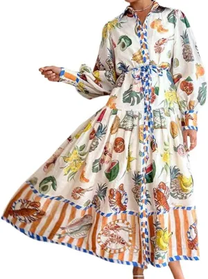 Geleglaer Long Sleeve Printed Dress for Women Slim Flowy Dress with Lantern Sleeves V Neck Women's Fall Winter Long Skirt