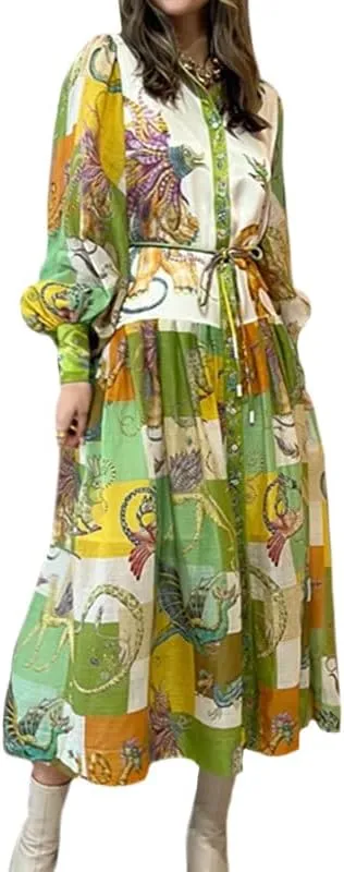 Geleglaer Long Sleeve Printed Dress for Women Slim Flowy Dress with Lantern Sleeves V Neck Women's Fall Winter Long Skirt