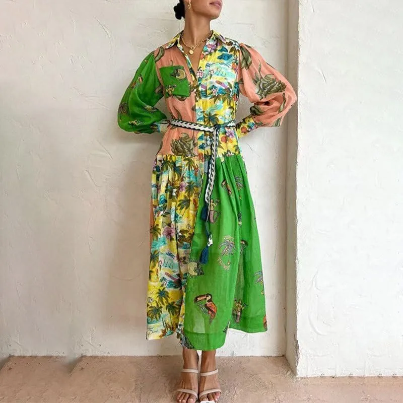 Geleglaer Long Sleeve Printed Dress for Women Slim Flowy Dress with Lantern Sleeves V Neck Women's Fall Winter Long Skirt