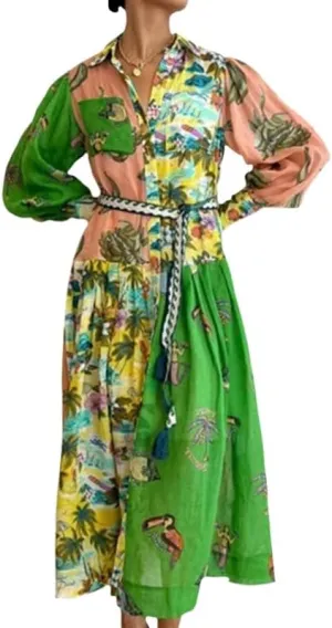 Geleglaer Long Sleeve Printed Dress for Women Slim Flowy Dress with Lantern Sleeves V Neck Women's Fall Winter Long Skirt