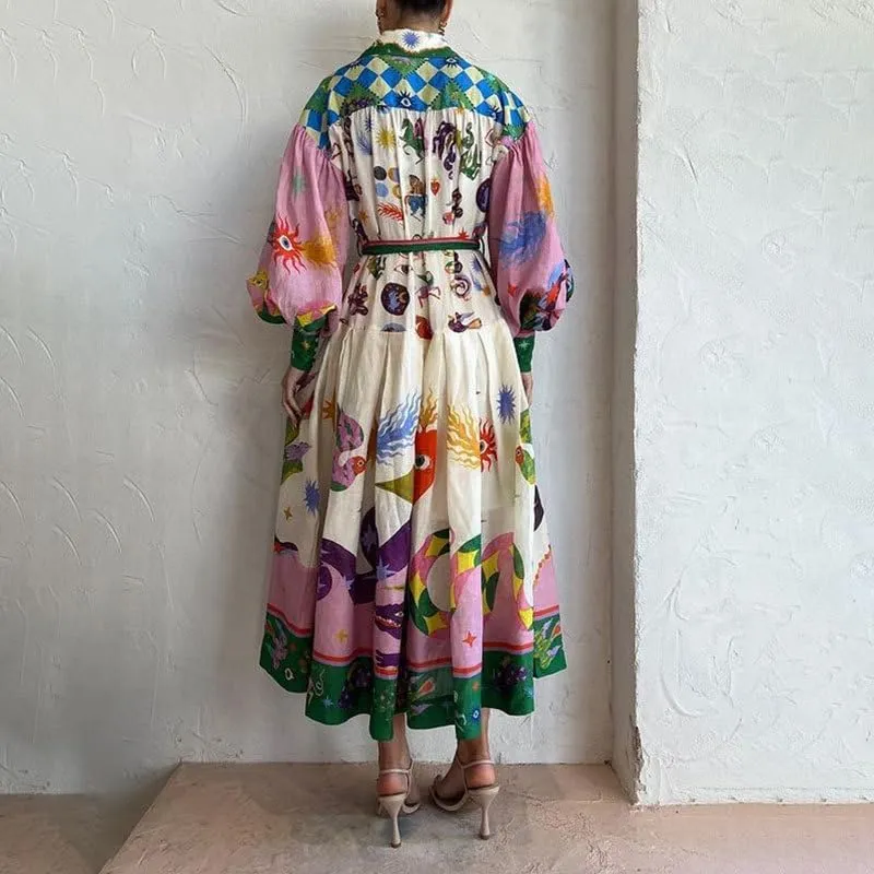Geleglaer Long Sleeve Printed Dress for Women Slim Flowy Dress with Lantern Sleeves V Neck Women's Fall Winter Long Skirt