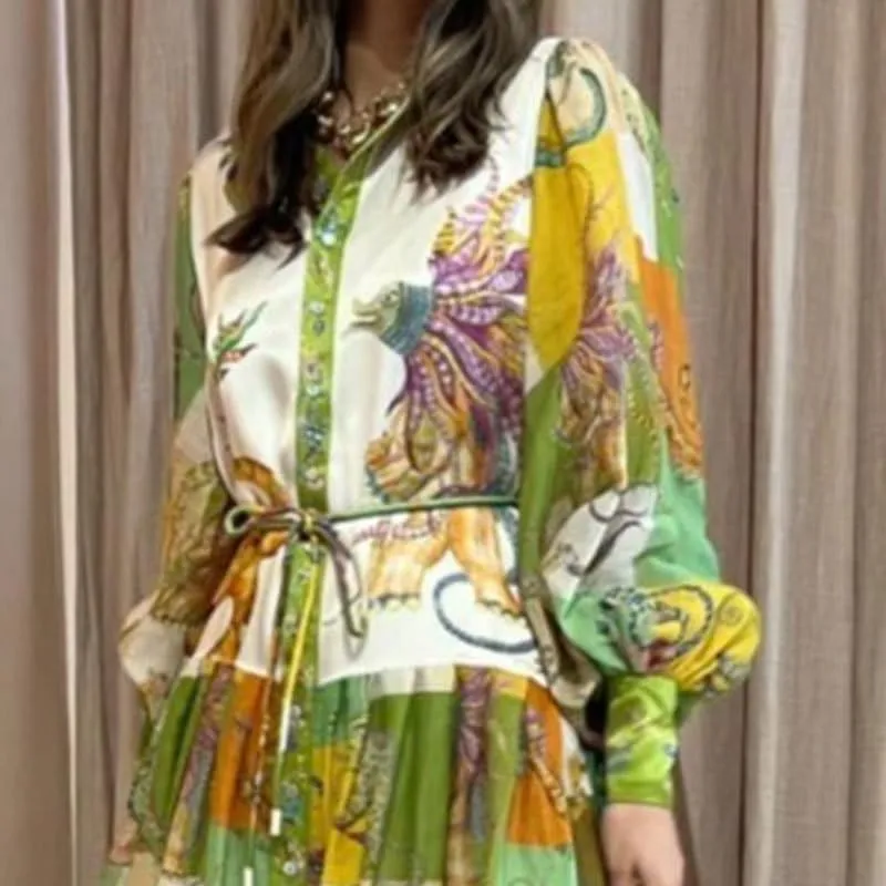 Geleglaer Long Sleeve Printed Dress for Women Slim Flowy Dress with Lantern Sleeves V Neck Women's Fall Winter Long Skirt