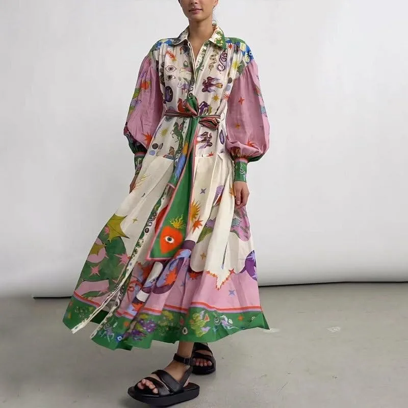 Geleglaer Long Sleeve Printed Dress for Women Slim Flowy Dress with Lantern Sleeves V Neck Women's Fall Winter Long Skirt