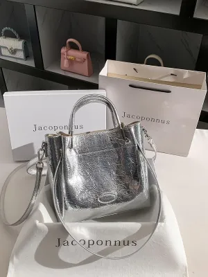 Genuine Leather Cracked Silver Bucket Bag Women Crossbody 2024 New Light Luxury Niche Premium Sense Commuter Tote Design Sense