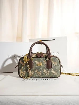 Genuine leather green Boston bag women 2024 new light luxury senior sense niche handheld crossbody pillow bag