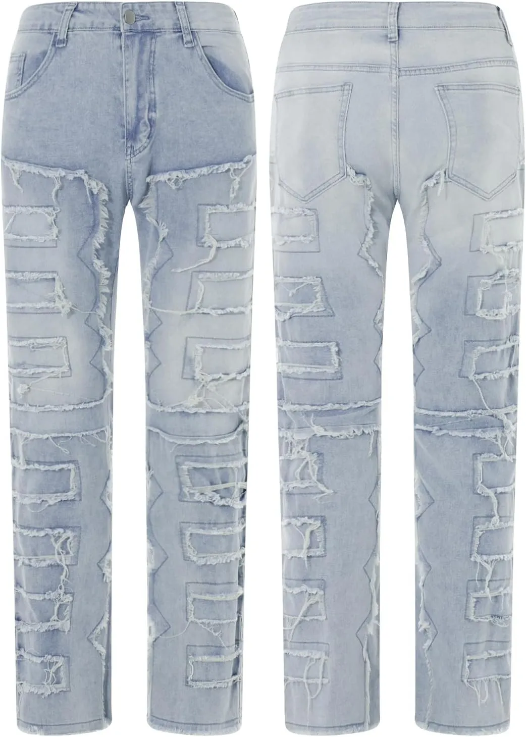 Giraropa Mens Black Stacked Jeans Slim Fit Ripped Jeans Destroyed Straight Denim Pants Harajuku Hip Hop Trouser Streetwear