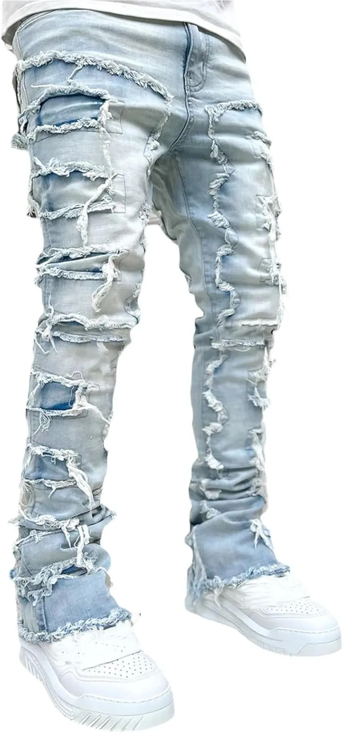 Giraropa Mens Black Stacked Jeans Slim Fit Ripped Jeans Destroyed Straight Denim Pants Harajuku Hip Hop Trouser Streetwear