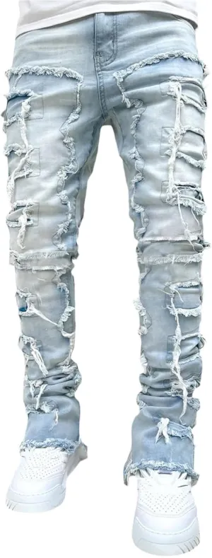 Giraropa Mens Black Stacked Jeans Slim Fit Ripped Jeans Destroyed Straight Denim Pants Harajuku Hip Hop Trouser Streetwear