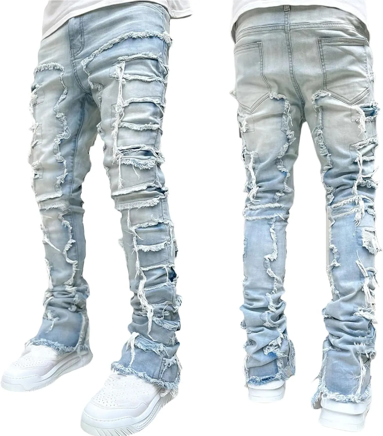 Giraropa Mens Black Stacked Jeans Slim Fit Ripped Jeans Destroyed Straight Denim Pants Harajuku Hip Hop Trouser Streetwear