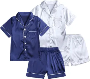 Girls 4 Piece Pajamas Set Silk Button-Up Top and Shorts Boys Sleepwear Nightwear for Kids