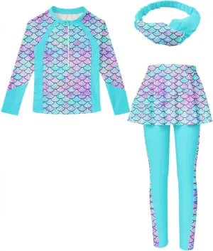 Girls Long Sleeve Rashguard Half Zip Swimsuits UPF 50  Two Piece Swim Sets with Hairband 5-12Y
