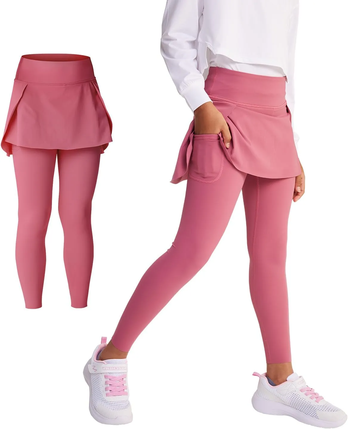 Girls Skirted Leggings with Pockets Athletic Tennis Skorts Stretchy Kids Yoga Pants with Ruffle Skirt