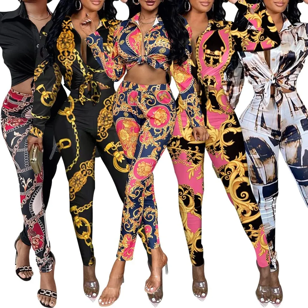 Glozeplus 2 Piece Outfits for Women Sexy Bodycon Long Sleeve Crop Tops Long Pants Sets Floral Print Tracksuits Jumpsuits
