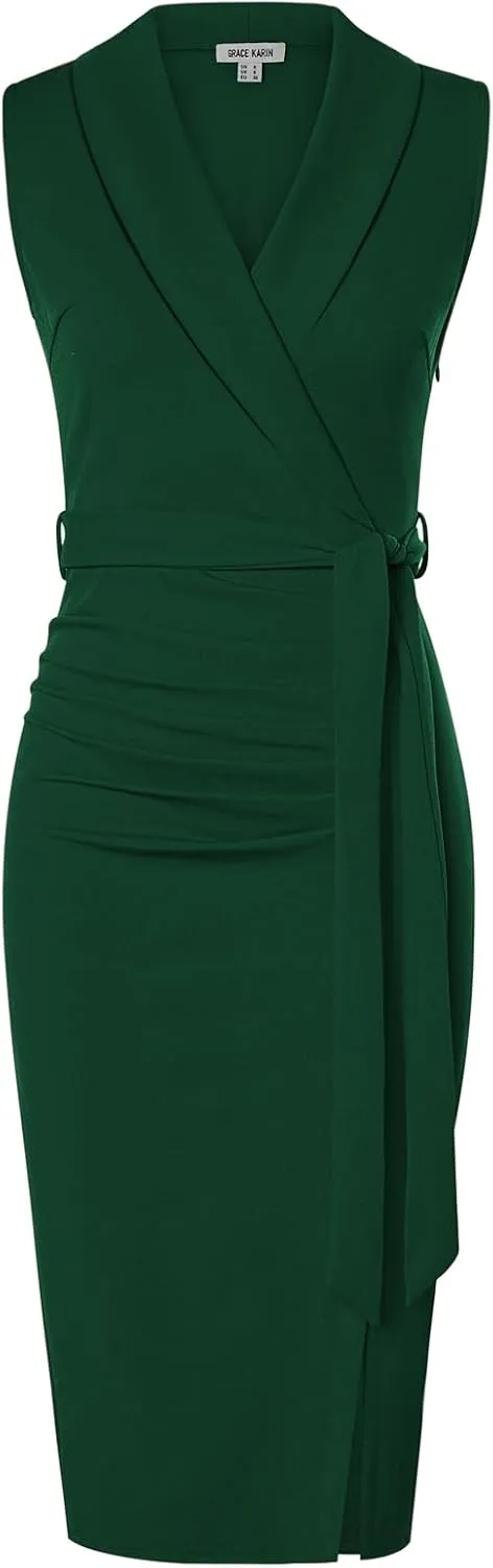GRACE KARIN Women's Wear to Work Sleeveless Ruched Bodycon Office Pencil Midi Dresses with Belt