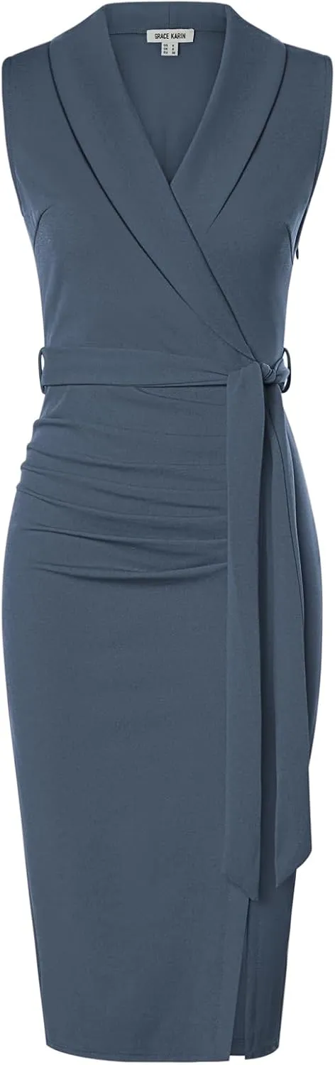 GRACE KARIN Women's Wear to Work Sleeveless Ruched Bodycon Office Pencil Midi Dresses with Belt