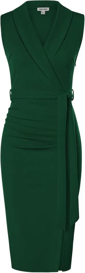 GRACE KARIN Women's Wear to Work Sleeveless Ruched Bodycon Office Pencil Midi Dresses with Belt