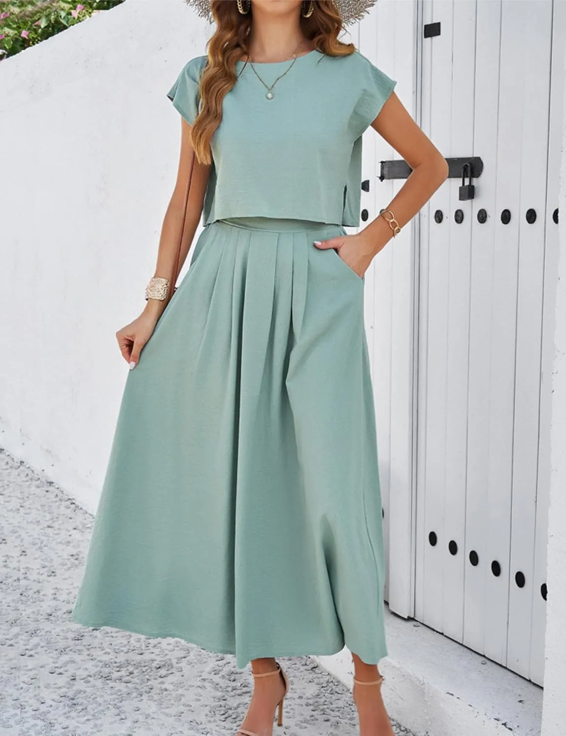 HangNiFang 2025 Summer Skirt Sets Women 2 Piece Outfits Cap Sleeve Top Elastic Waist Maxi Dress Sets with Pockets