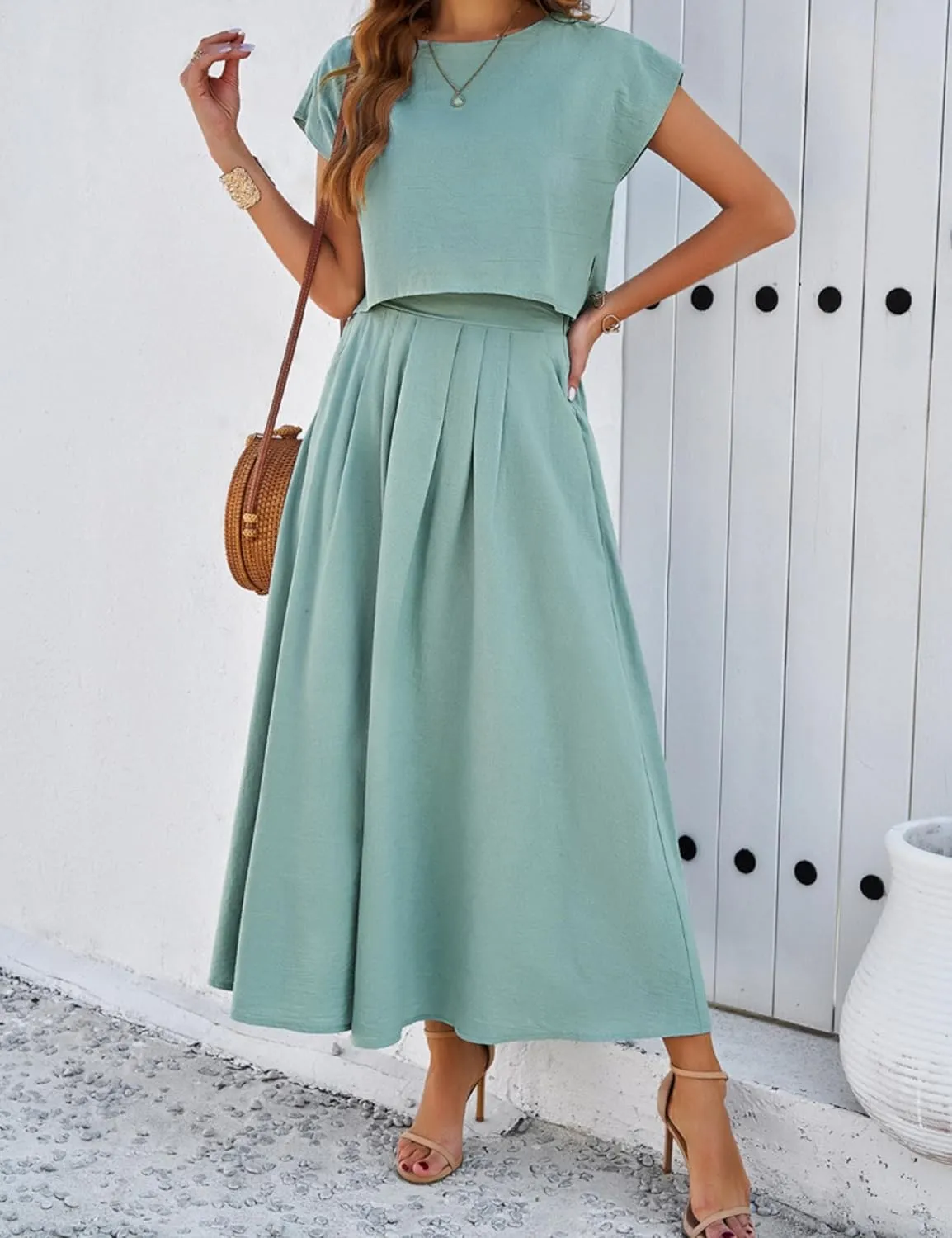 HangNiFang 2025 Summer Skirt Sets Women 2 Piece Outfits Cap Sleeve Top Elastic Waist Maxi Dress Sets with Pockets