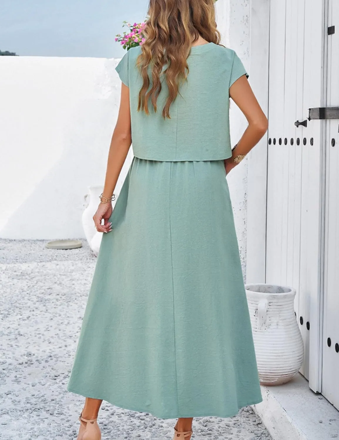 HangNiFang 2025 Summer Skirt Sets Women 2 Piece Outfits Cap Sleeve Top Elastic Waist Maxi Dress Sets with Pockets