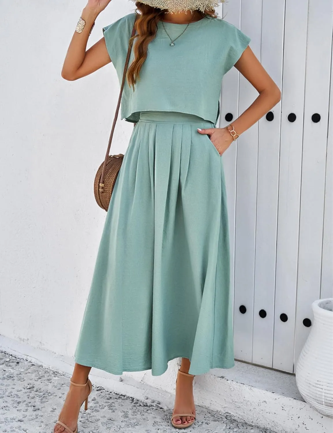 HangNiFang 2025 Summer Skirt Sets Women 2 Piece Outfits Cap Sleeve Top Elastic Waist Maxi Dress Sets with Pockets