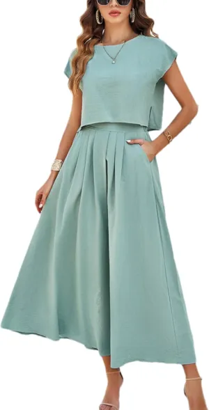 HangNiFang 2025 Summer Skirt Sets Women 2 Piece Outfits Cap Sleeve Top Elastic Waist Maxi Dress Sets with Pockets