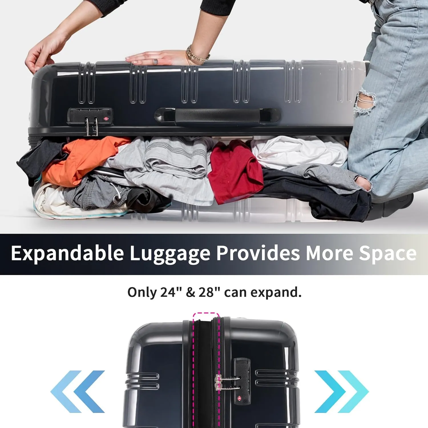Hard Luggage Sets 3 Piece with Spinner Wheels, Gradient Color Luggage Sets with TSA Lock for Women Girls Teens, Expandable, Lightweight (20/24/28) (Black Multi)
