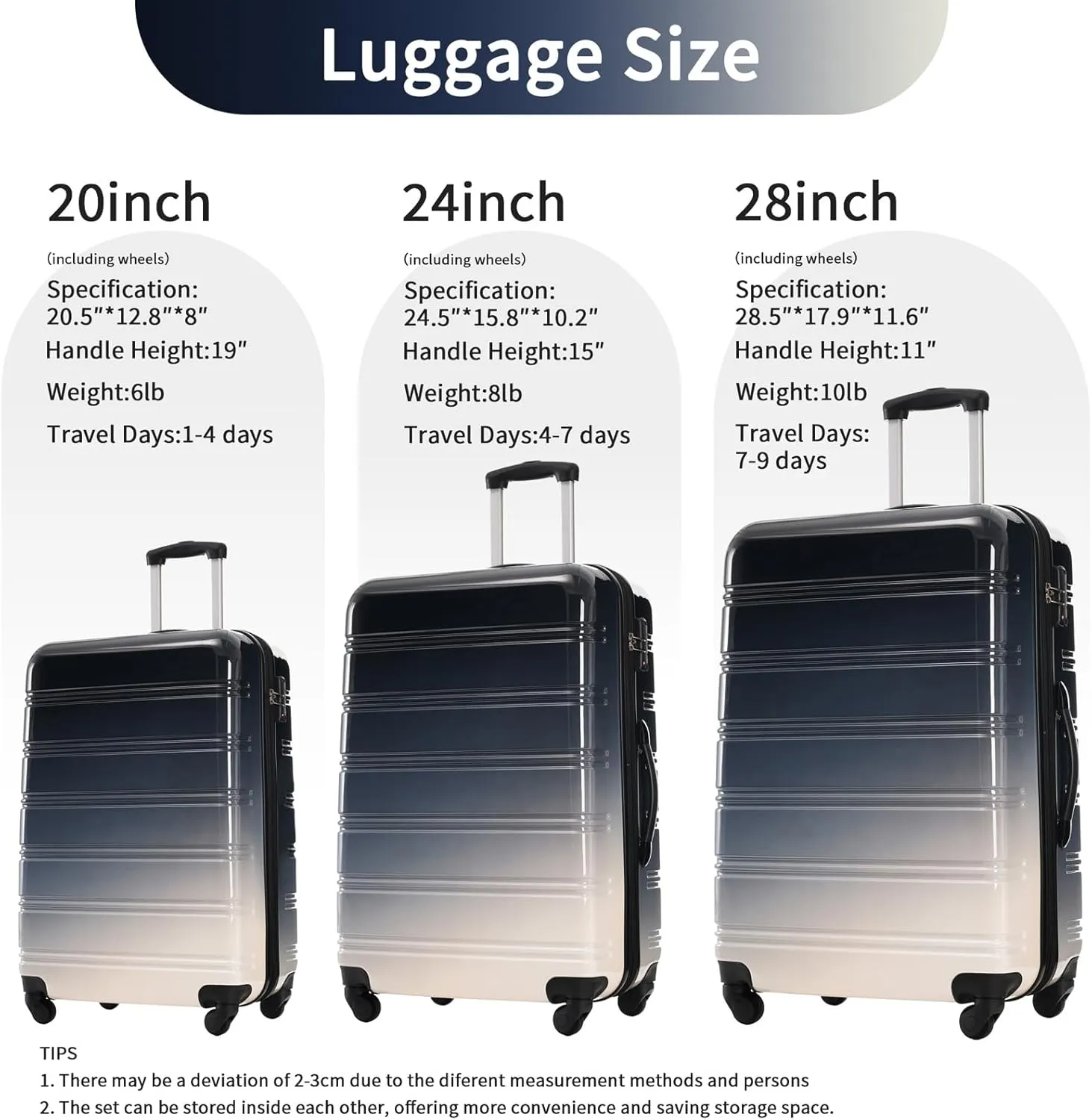 Hard Luggage Sets 3 Piece with Spinner Wheels, Gradient Color Luggage Sets with TSA Lock for Women Girls Teens, Expandable, Lightweight (20/24/28) (Black Multi)