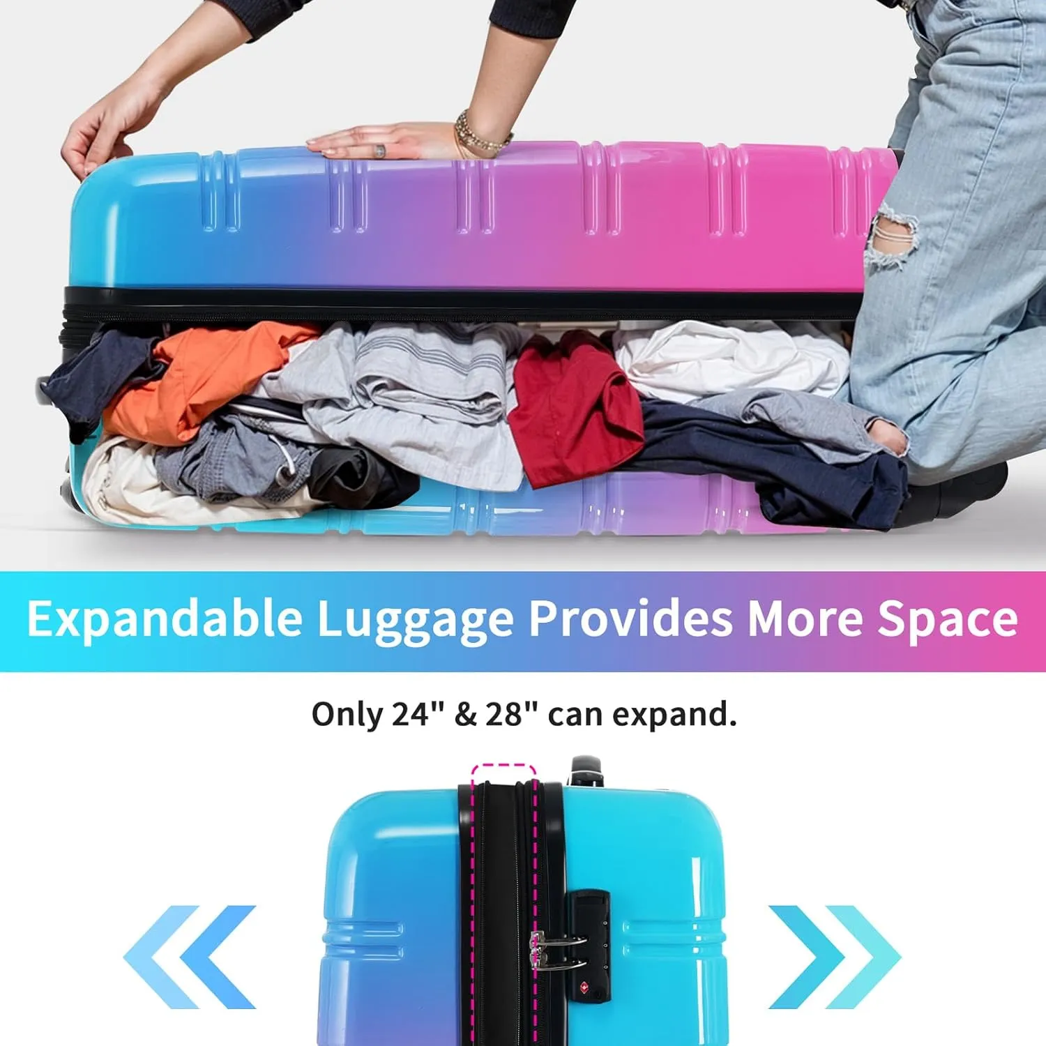 Hard Luggage Sets 3 Piece with Spinner Wheels, Gradient Color Luggage Sets with TSA Lock for Women Girls Teens, Expandable, Lightweight (20/24/28) (Blue Red)