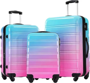 Hard Luggage Sets 3 Piece with Spinner Wheels, Gradient Color Luggage Sets with TSA Lock for Women Girls Teens, Expandable, Lightweight (20/24/28) (Blue Red)