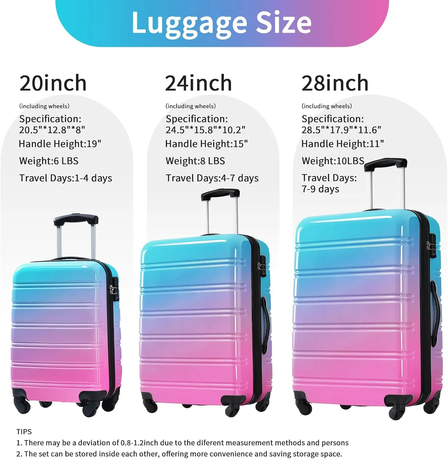 Hard Luggage Sets 3 Piece with Spinner Wheels, Gradient Color Luggage Sets with TSA Lock for Women Girls Teens, Expandable, Lightweight (20/24/28) (Blue Red)