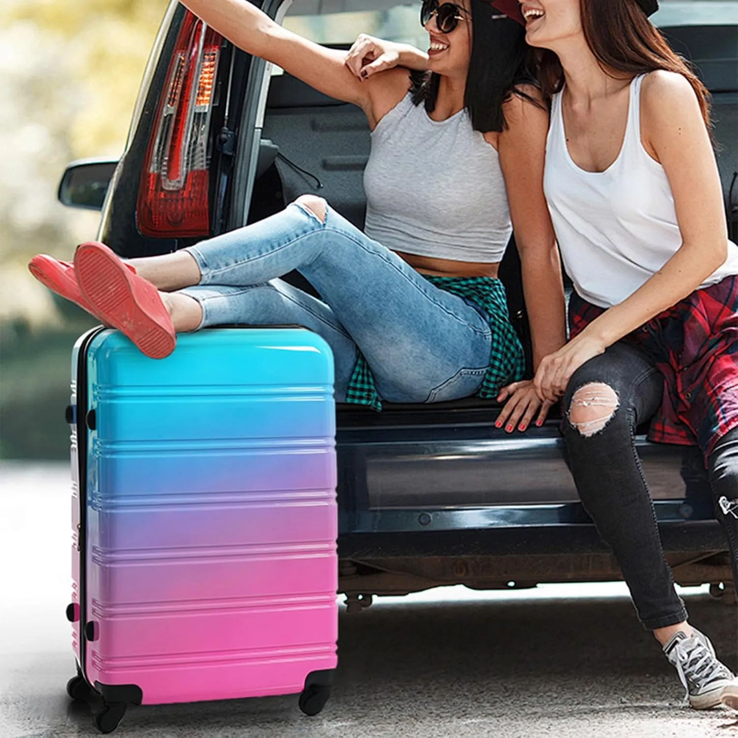 Hard Luggage Sets 3 Piece with Spinner Wheels, Gradient Color Luggage Sets with TSA Lock for Women Girls Teens, Expandable, Lightweight (20/24/28) (Blue Red)