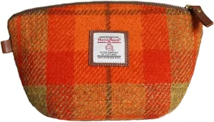 Harris Tweed Wool Small Cosmetic Bag, Compact Scottish Tartan Small Makeup Bag, Handmade Stain-Resistant Travel Pouch for Women Orange