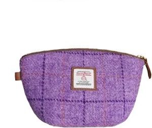 Harris Tweed Wool Small Cosmetic Bag, Compact Scottish Tartan Small Makeup Bag, Handmade Stain-Resistant Travel Pouch for Women (Purple Plaid)