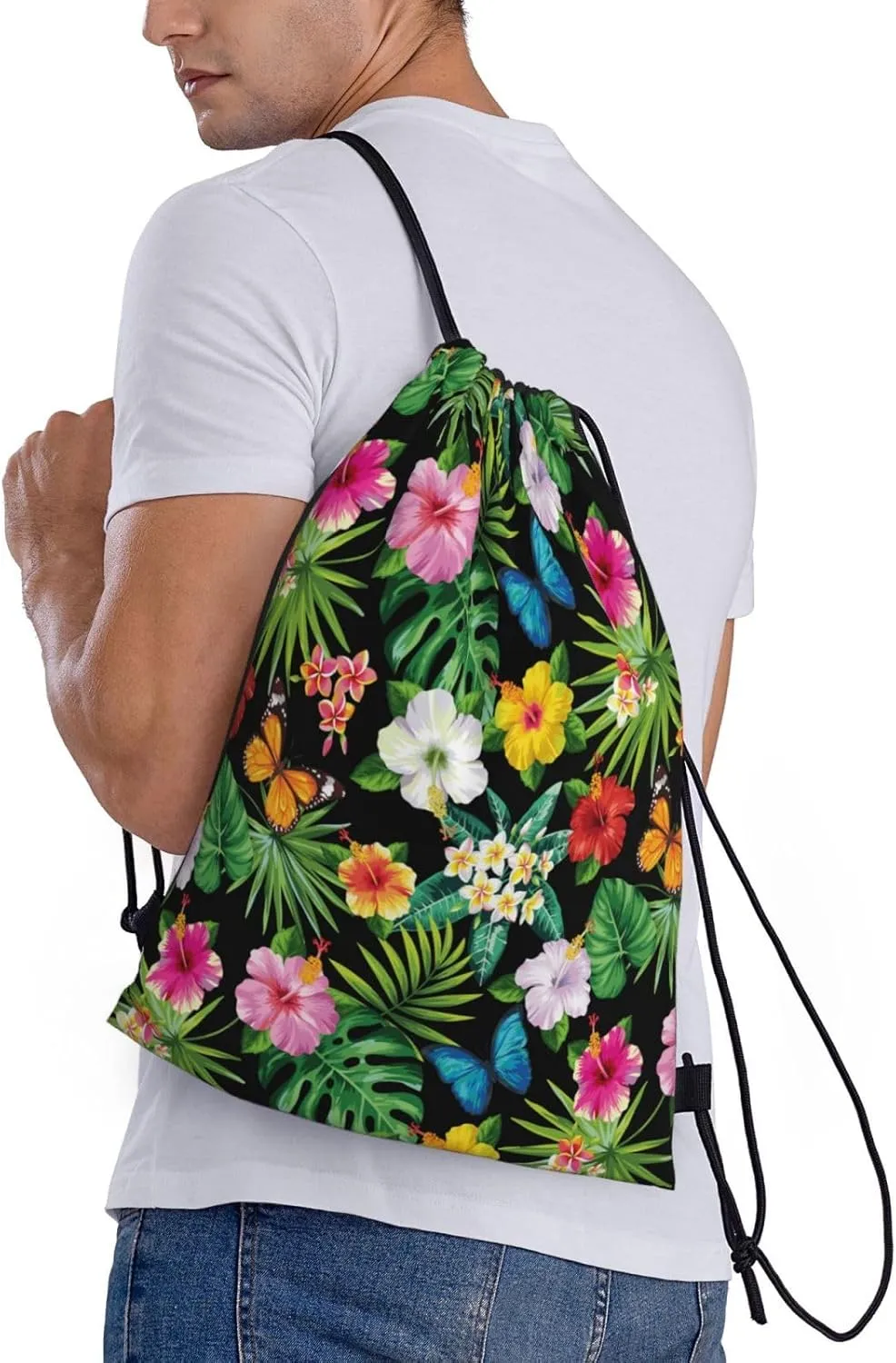 Hawaiian Flower Drawstring Backpack,Hawaii Floral Drawstring Bag Cute Beach Sack Bags For Gym Shopping Sport Yoga