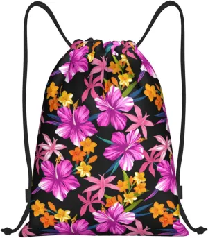 Hawaiian Flower Drawstring Backpack,Hawaii Floral Drawstring Bag Cute Beach Sack Bags For Gym Shopping Sport Yoga