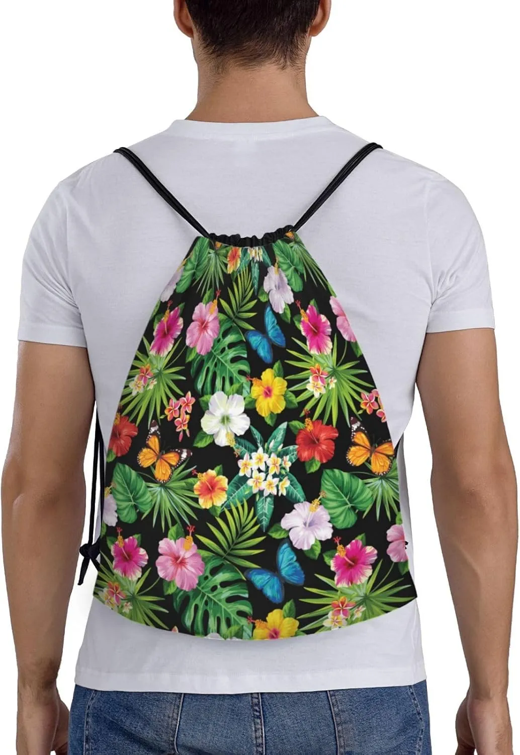 Hawaiian Flower Drawstring Backpack,Hawaii Floral Drawstring Bag Cute Beach Sack Bags For Gym Shopping Sport Yoga